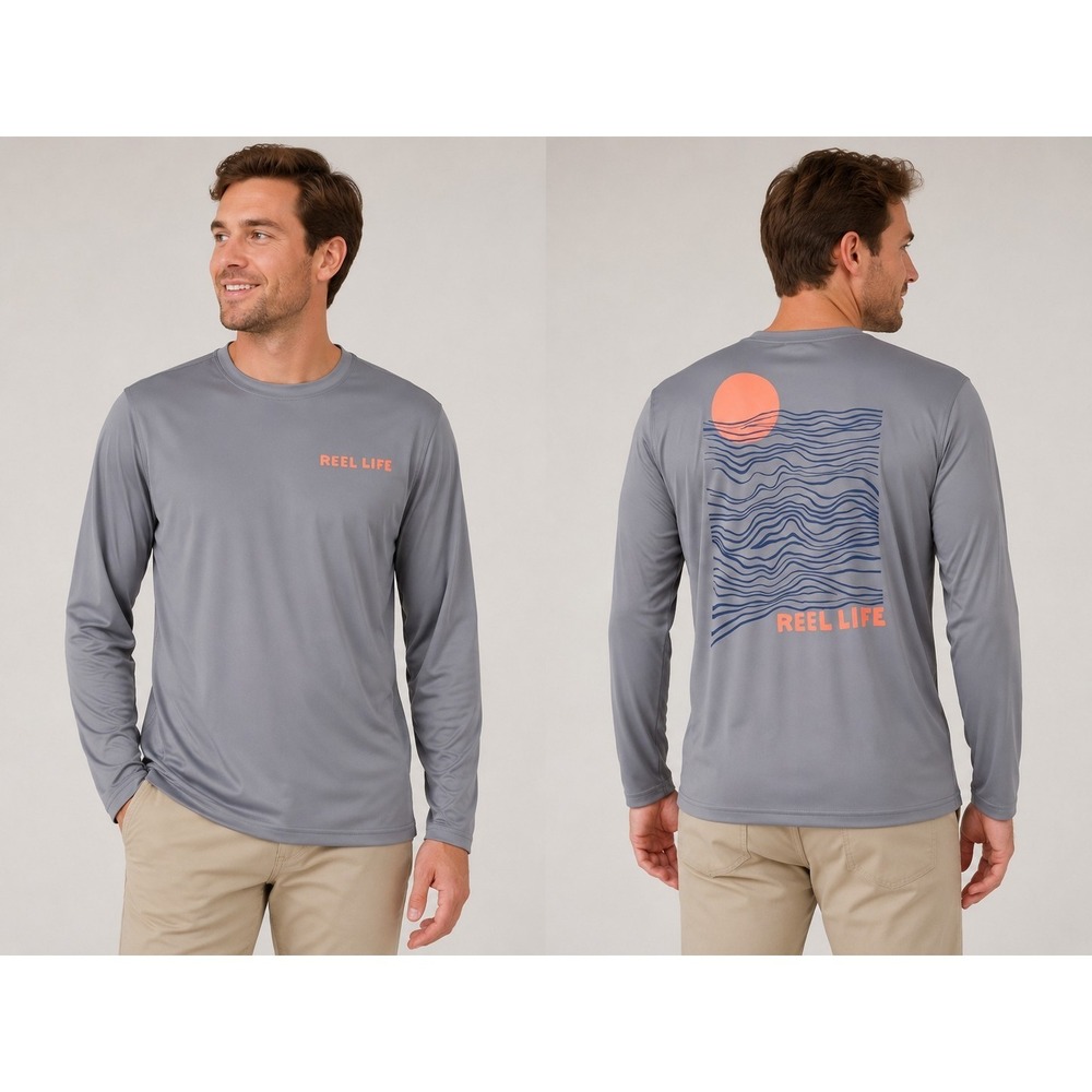 Reel Life Men's Small Gray Performance Fishing Shirt Long Sleeve UV Active‎